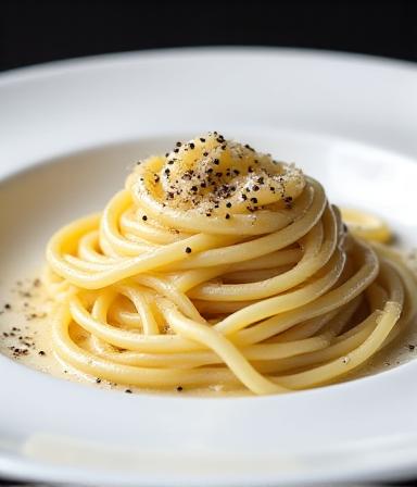 Tonnarelli Cacio e Pepe avvolti a nido con una spolverata di pepe